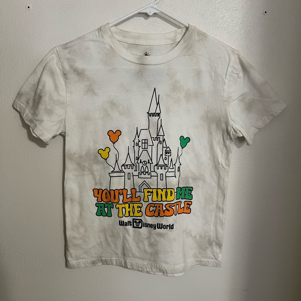 DISNEY Classic Tie‎ Dye Logo Castle Graphic T Shirt White Tan Green Orange Sz XL